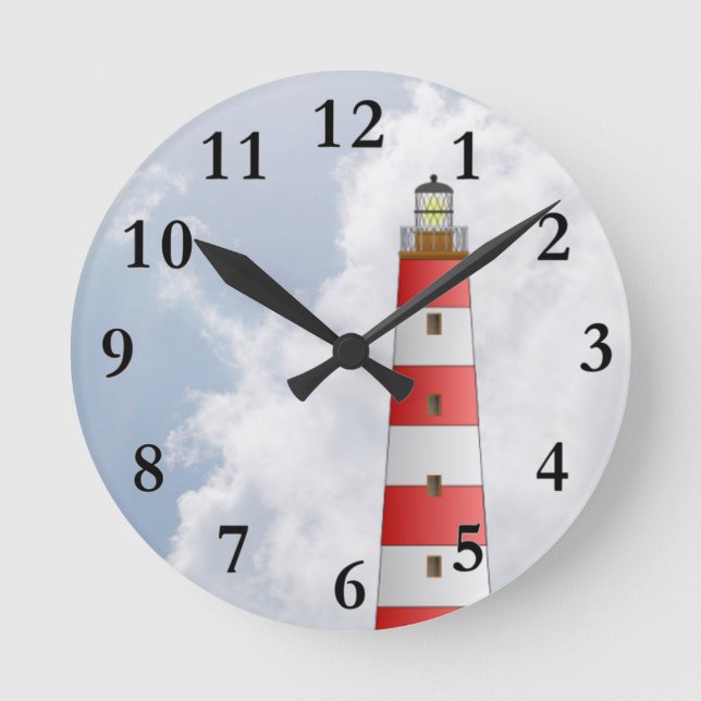 Red Striped Lighthouse in the Clouds Beach Theme Round Clock (Front)