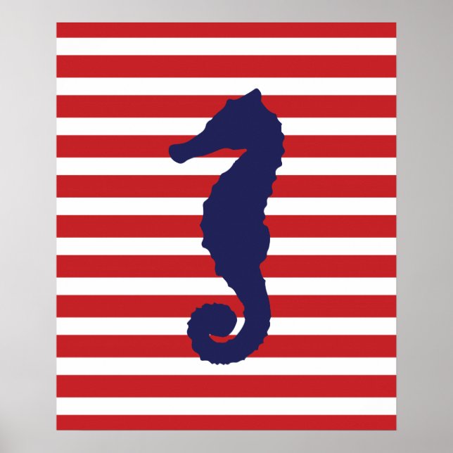 Red Striped Nautical Seahorse Poster (Front)