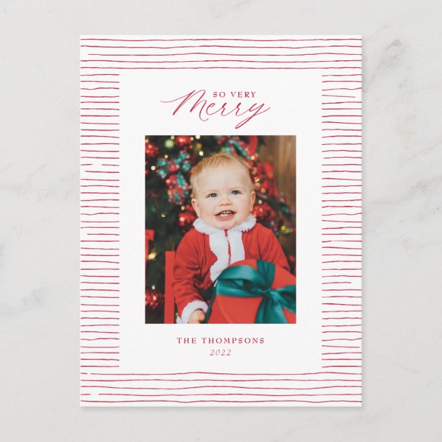 Red Striped So Very Merry Photo Christmas Postcard (Front)