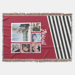 Red Striped Unique Personalized Photo Collage Throw Blanket