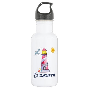 Red Striped Watercolor Lighthouse Custom 532 Ml Water Bottle