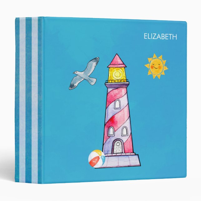 Red Striped Watercolor Lighthouse Custom Binder (Front/Spine)