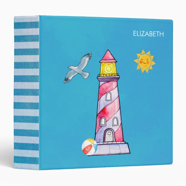 Red Striped Watercolor Lighthouse Custom Binder (Front/Spine)