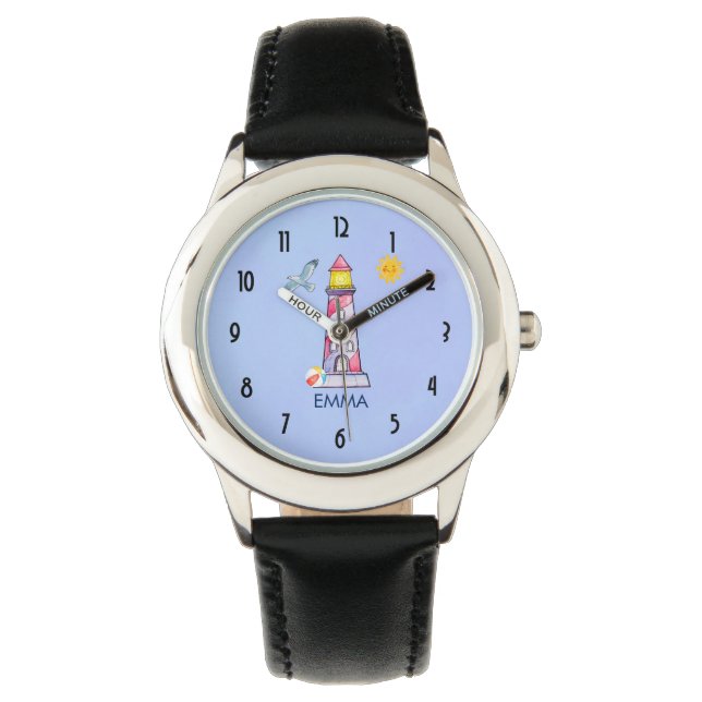 Red Striped Watercolor Lighthouse Custom Watch (Front)