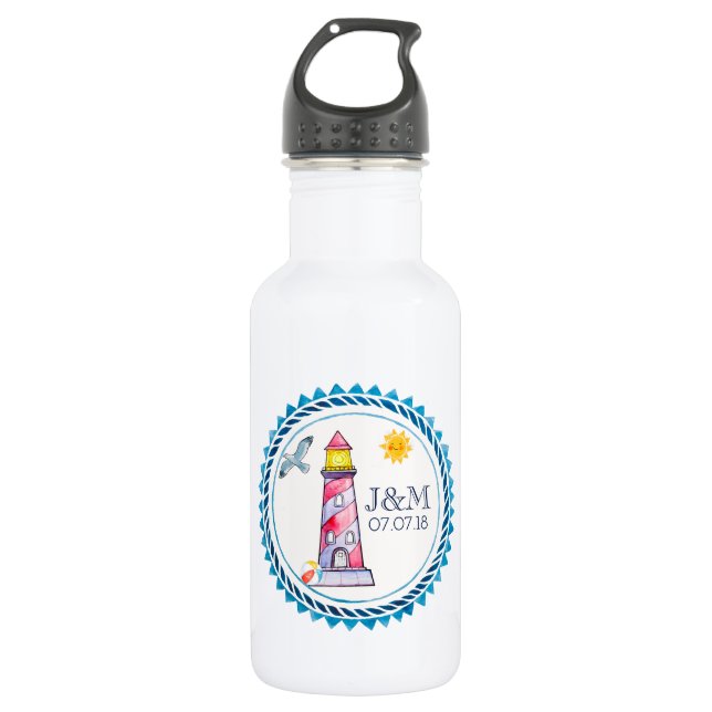 Red Striped Watercolor Lighthouse Wedding 532 Ml Water Bottle (Front)
