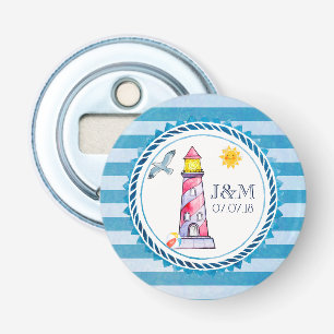 Red Striped Watercolor Lighthouse Wedding Bottle Opener