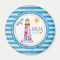Red Striped Watercolor Lighthouse Wedding