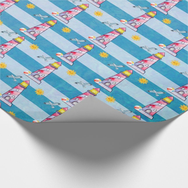 Red Striped Watercolor Lighthouse Wrapping Paper (Corner)