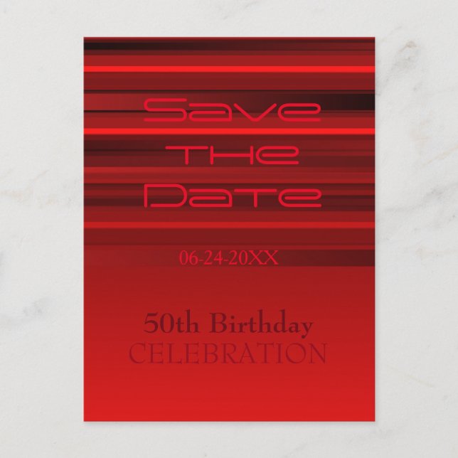 Red Stripes 50th Birthday Save the Date Postcard (Front)