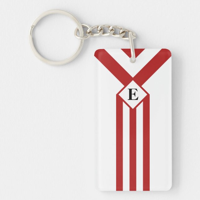 Red Stripes and Chevrons with Monogram on White Keychain (Front)