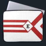 Red Stripes and Chevrons with Monogram on White Laptop Sleeve<br><div class="desc">Stylish geometric pattern features bold red stripes on a white background. Three alternating red and white chevrons end at a white diamond outlined with red. It looks like a stylized medal hanging from a ribbon. The diamond contains a customizable monogram. Three red stripes extend from the opposite side of the...</div>