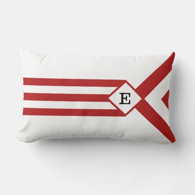 Red Stripes and Chevrons with Monogram on White Lumbar Pillow (Front)