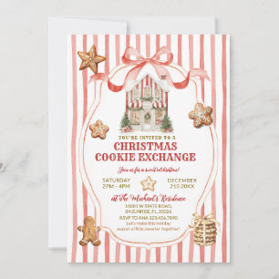 Red Stripes Bow Gingerbread House Cookies Exchange Invitation