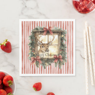 Red Stripes Bows Christmas Deer in Window Napkin