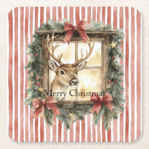 Red Stripes Bows Christmas Deer in Window Square Paper Coaster