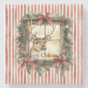 Red Stripes Bows Christmas Deer in Window Stone Coaster