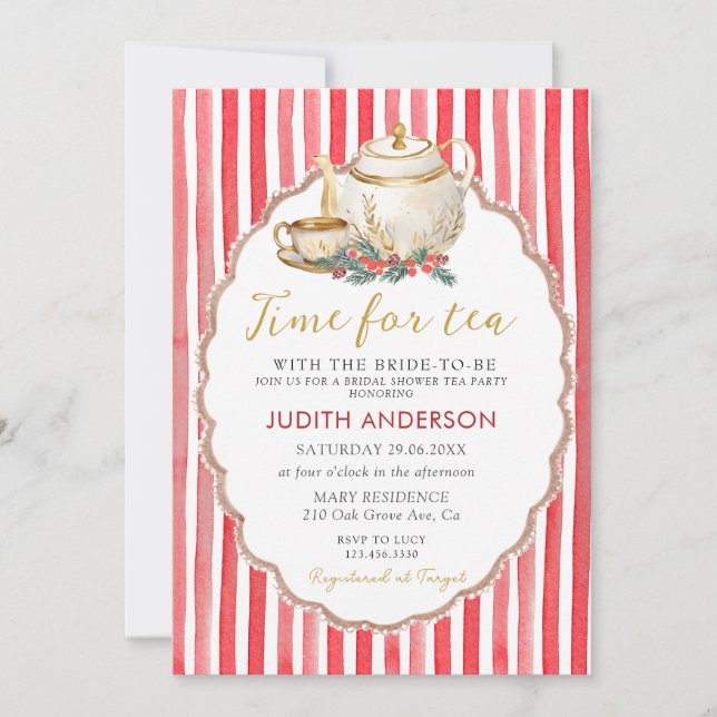 Red Stripes Christmas Tea Party Bridal Shower  Invitation (Front)