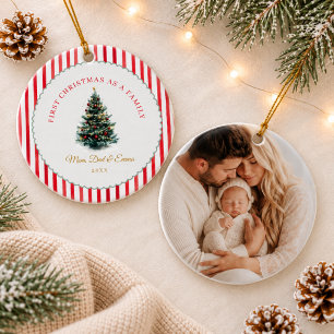 Red Stripes Christmas Tree First Christmas Photo Ceramic Ornament