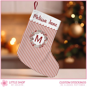 Red Stripes Christmas Wreath Monogram Small Christmas Stocking