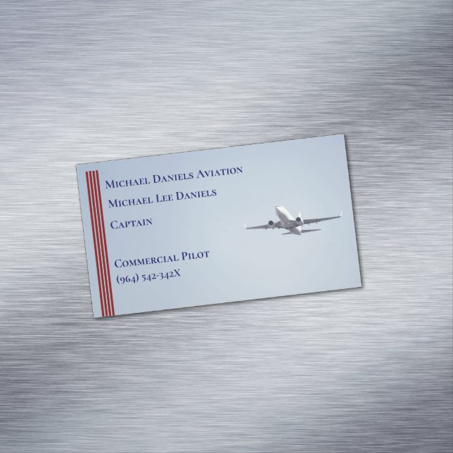 Red Stripes Commercial Airplane Captain Pilot  Magnetic Business Card (In Situ)