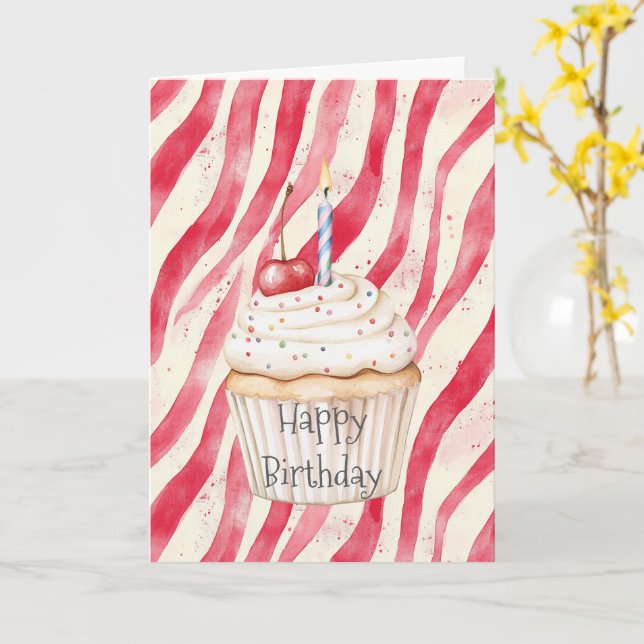 Red Stripes Confetti Cupcake Cherry Top Birthday Card (Yellow Flower)