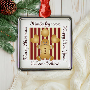Red Stripes Cute Gingerbread Man Cookie Christmas Metal Ornament
