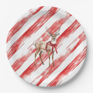 Red Stripes Deer Christmas Pillar Candle Paper Plate