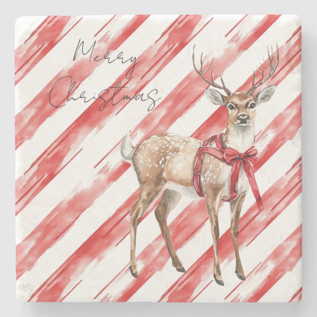 Red Stripes Deer Christmas Pillar Candle Stone Coaster (Front)