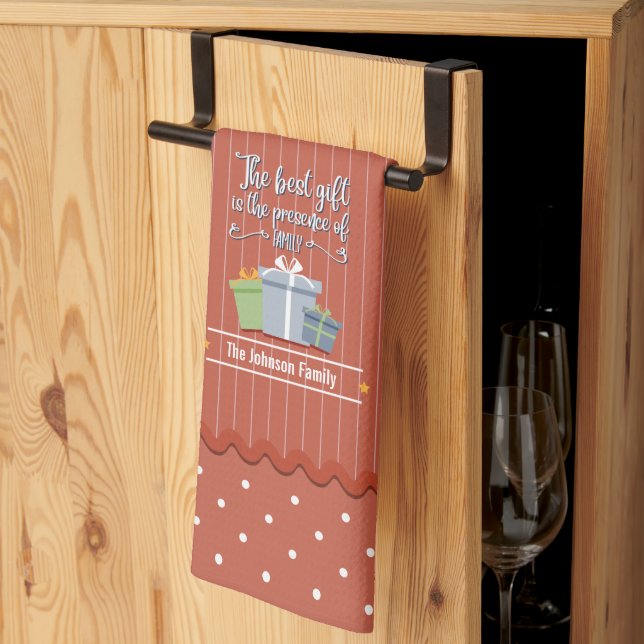 Red Stripes Family is the Best Gift Monogram Kitchen Towel (Thirds Fold)