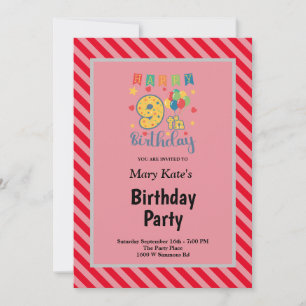 Red Stripes Framed 9th Birthday Party Invitation