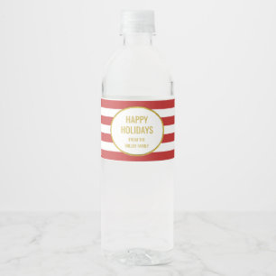 Red Stripes Gold Custom Happy Holidays Water Bottle Label