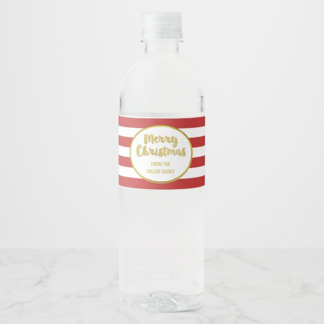 Red Stripes Gold Custom Merry Christmas Water Bottle Label (Front)