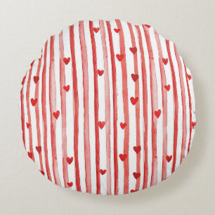 Red Stripes & Hearts Round Pillow