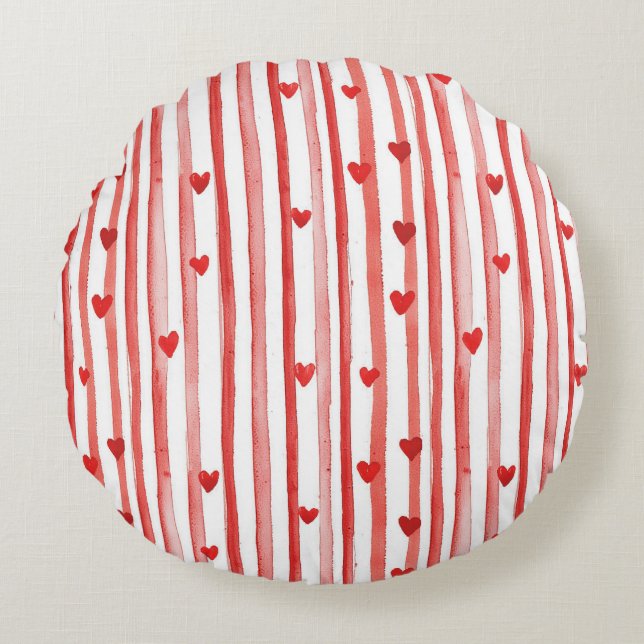 Red Stripes & Hearts Round Pillow (Front)