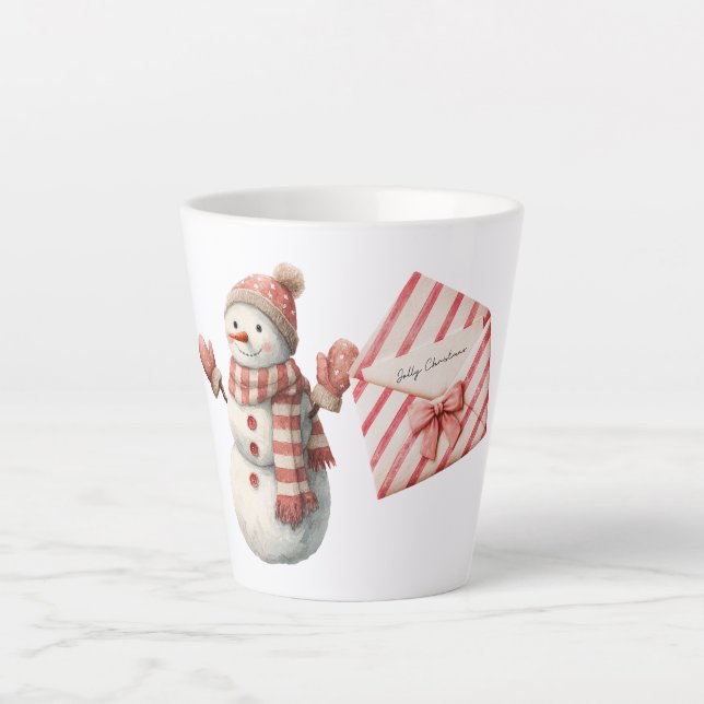 Red Stripes Jolly Christmas Snowman Latte Mug (Front)