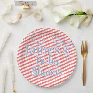 Red Stripes & Light Blue Ribbon Baby shower Paper Plate