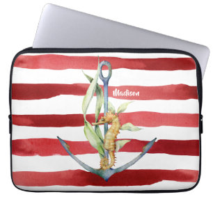 Red Stripes Nautical Anchor and Seahorse with Name Laptop Sleeve