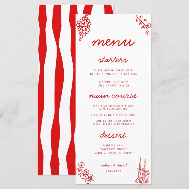 Red Stripes Retro Hand Drawn Italian Wedding Menu (Front/Back)