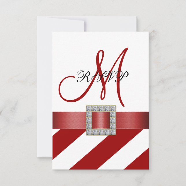 Red Stripes, Ribbon, Initial Wedding RSVP (Front)