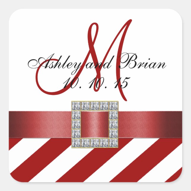 Red Stripes Ribbon Monogram Wedding Favour Label (Front)