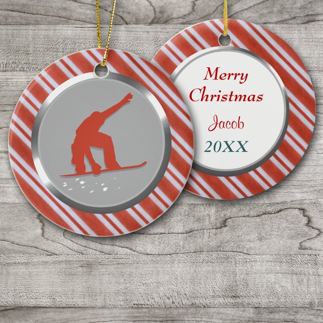 Red Stripes Snowboarder Personalized Christmas Ceramic Ornament (Creator Uploaded)