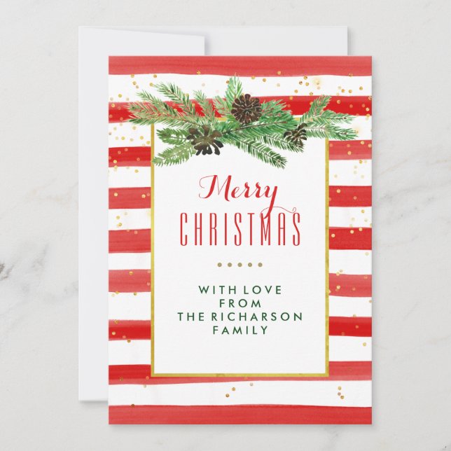 Red Stripes with Pine and Gold | Merry Christmas Holiday Card (Front)