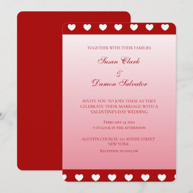 Red Strips White Hearts Valentine's Wedding Day Invitation (Front/Back)