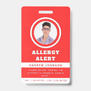 Red Student Photo Food Allergy Alert Emergency Badge