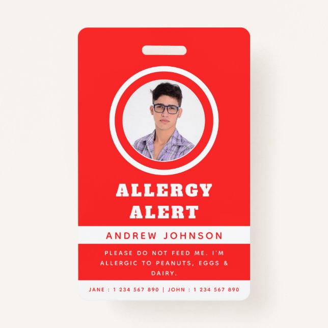 Red Student Photo Food Allergy Alert Emergency Badge (Front)