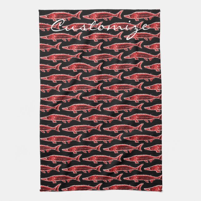red sturgeon swimming kitchen towel (Vertical)