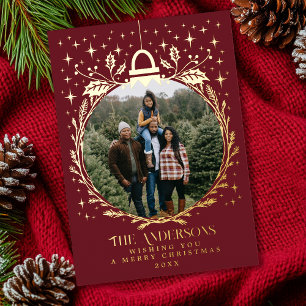 Red Stylish Christmas Foliage Ornament Photo  Foil Holiday Card