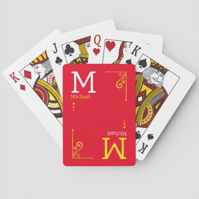RED Stylish Player Initials & Name Personalized Playing Cards (Back)