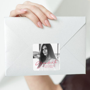 Red Stylish Script Photo Graduation Square Sticker