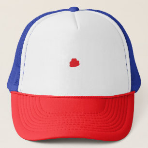 Red, stylized flower-like shape with dark lines. trucker hat